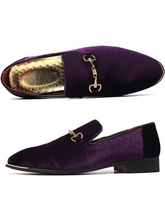 Men\'s Purple Velvet Penny Loafers Metal Buckle Slip On Luxury Suede Formal Shoes
